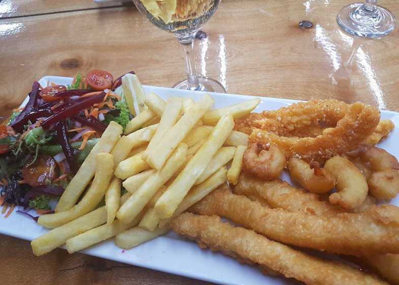 Chilli Squid Garlic prawns Beer battered flathead tails with salad and chips